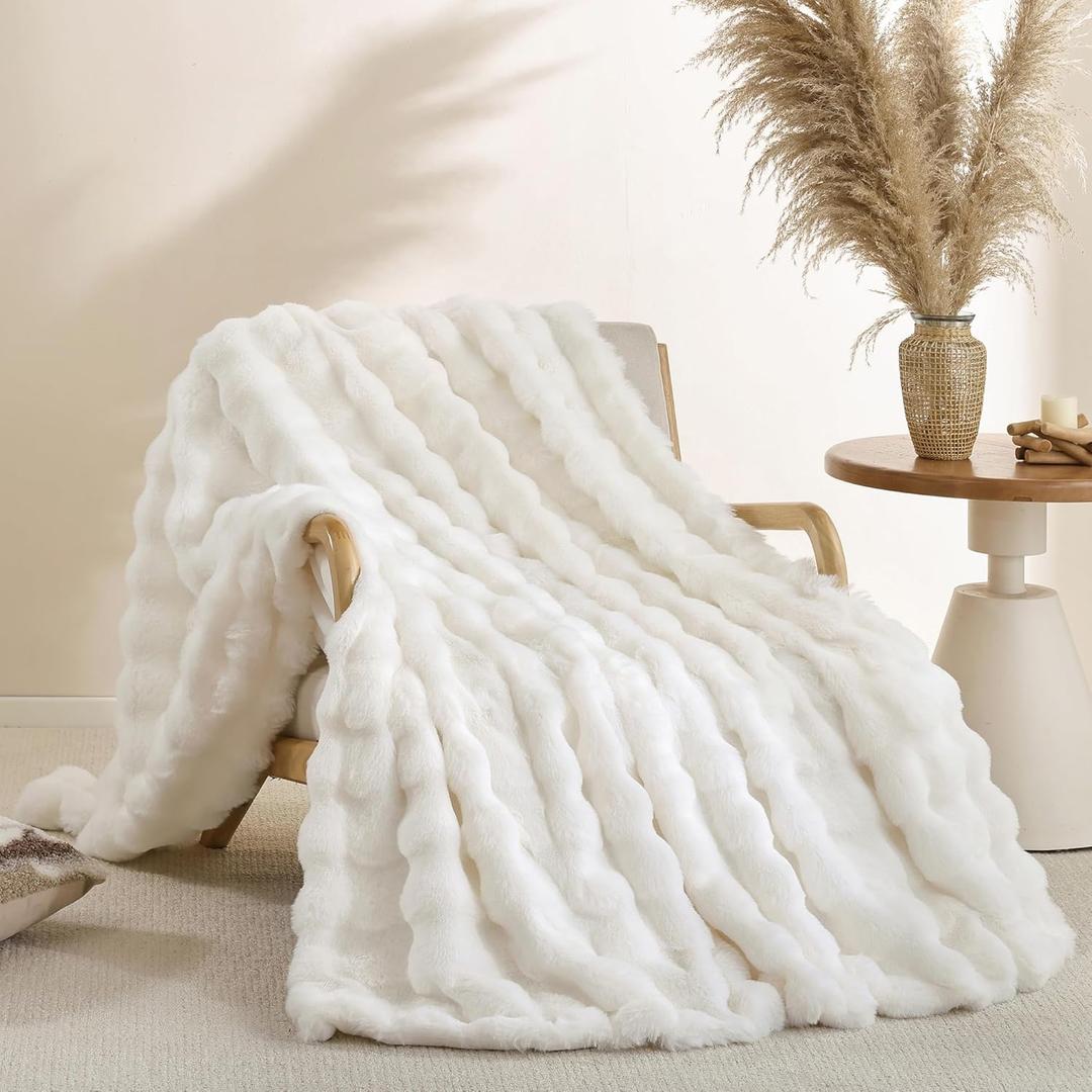 Smoofy Faux Fur Throw Blanket for Couch  Cream White Fluffy Cozy Rabbit Fleece, Plush Soft Bubble Blanket for Sofa & Bed, for Mom, Warm Fuzzy Home Room Decor Throw 60" x 80"