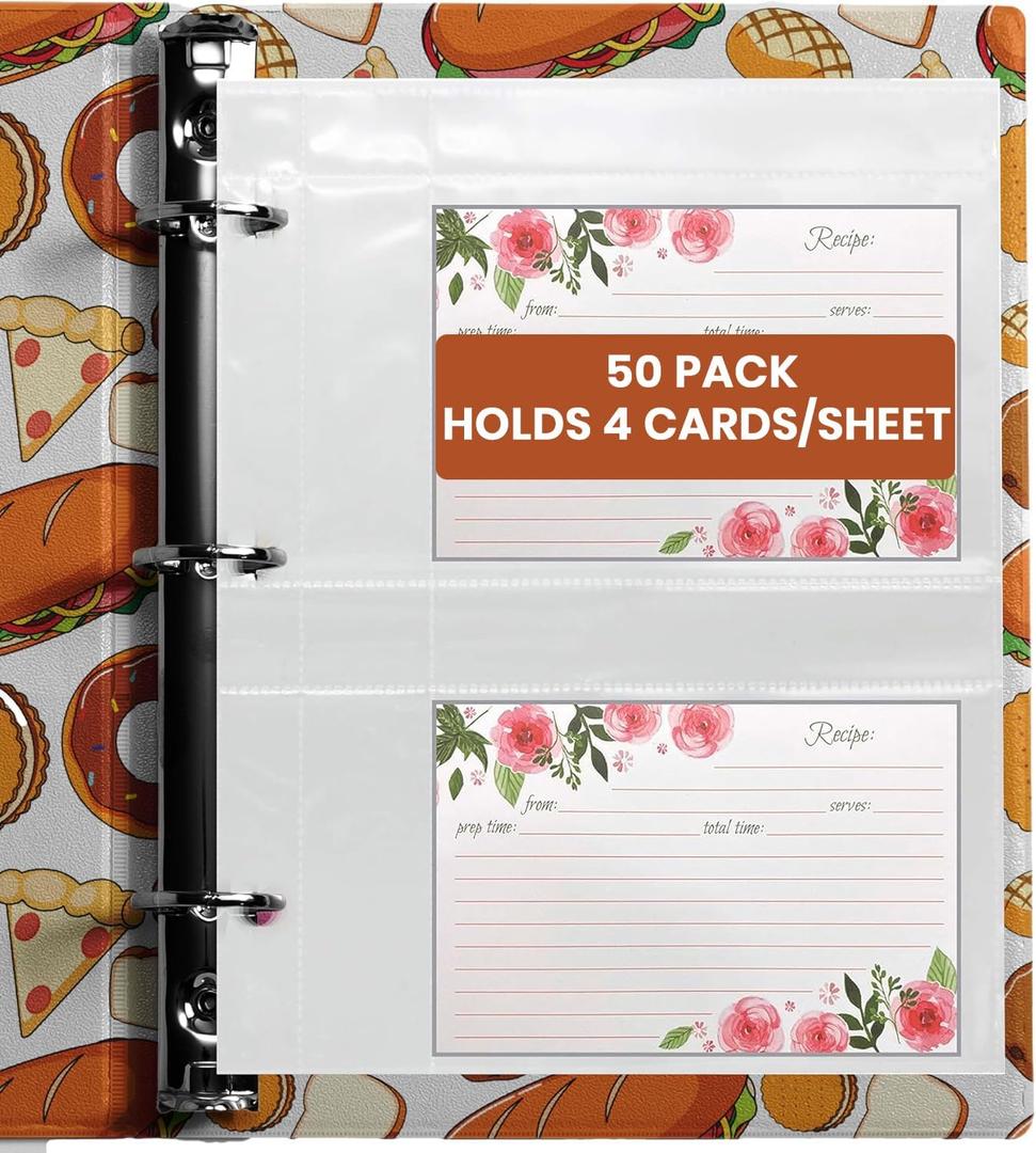 Recipe Card Protectors, Refill Sheets for 3 Ring Binders, Recipe Book Pocket Page Sheet Protectors, Holds 4 x 6-inch pockets, 4 Cards Per Sheet, Clear 50 Pack