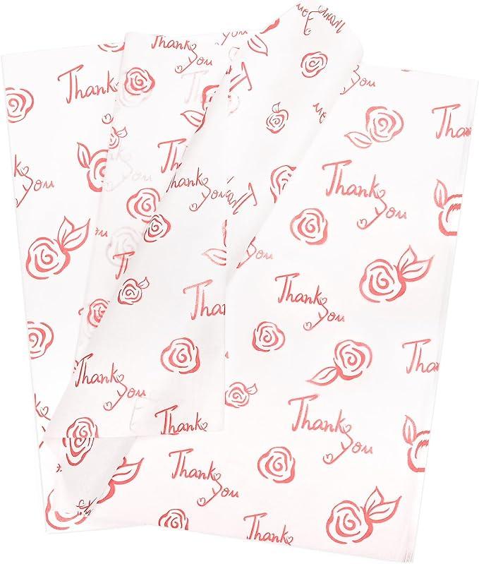HolyMaji 50 Sheets Pink on White Thank You Tissue Paper 20 x 14" Rose Gold Tissue Paper for Gift Bags Bulk Wrapping for Graduation Birthday Party Favor Decor Wedding Valentine's Day Baby Shower