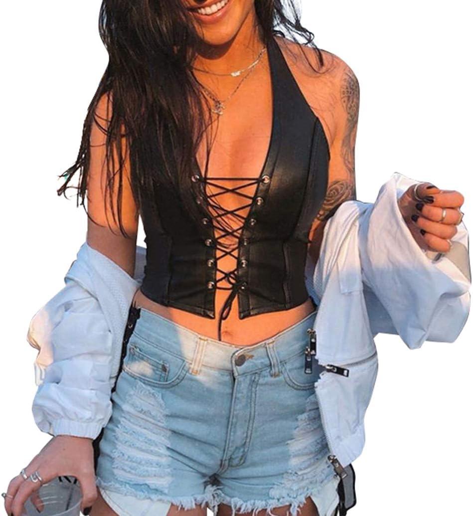Women's Sexy Adjustable Spaghetti PU Leather Bustier Crop Tube Top Rave Dance Cutout Cami Tank Tops