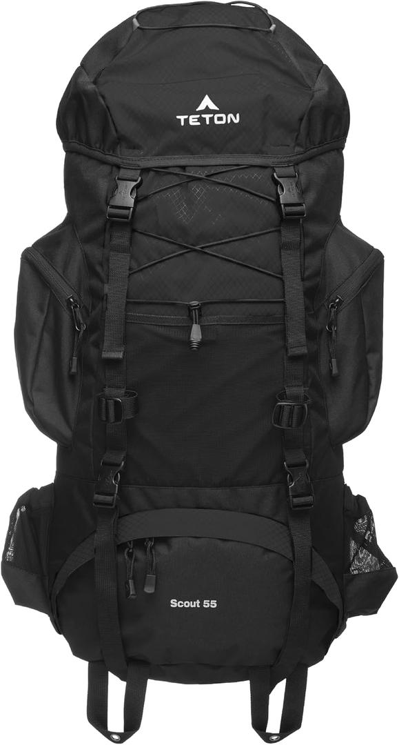 Teton 55L Scout Internal Frame Backpack for Hiking, Camping, Backpacking, Travel, Rain Cover Included, Black