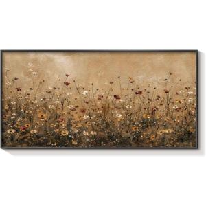 HUARCEY Metal Framed Textured Sandstone Wildflower Wall Art, Vintage Floral Landscape Wall Decor for Living Room Bedroom Office Bathroom, Nature Flower Oil Painting Prints Decorations 20"X40"