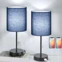 Table Lamps Set of 2 with USB Charging Ports, Blue Bedside Lamps with AC Outlet, Nightstand Lamps with Pull Chain Switch, Minimalist Modern Desk Lamps with Fabric Shade for Living Room Bedroom Office