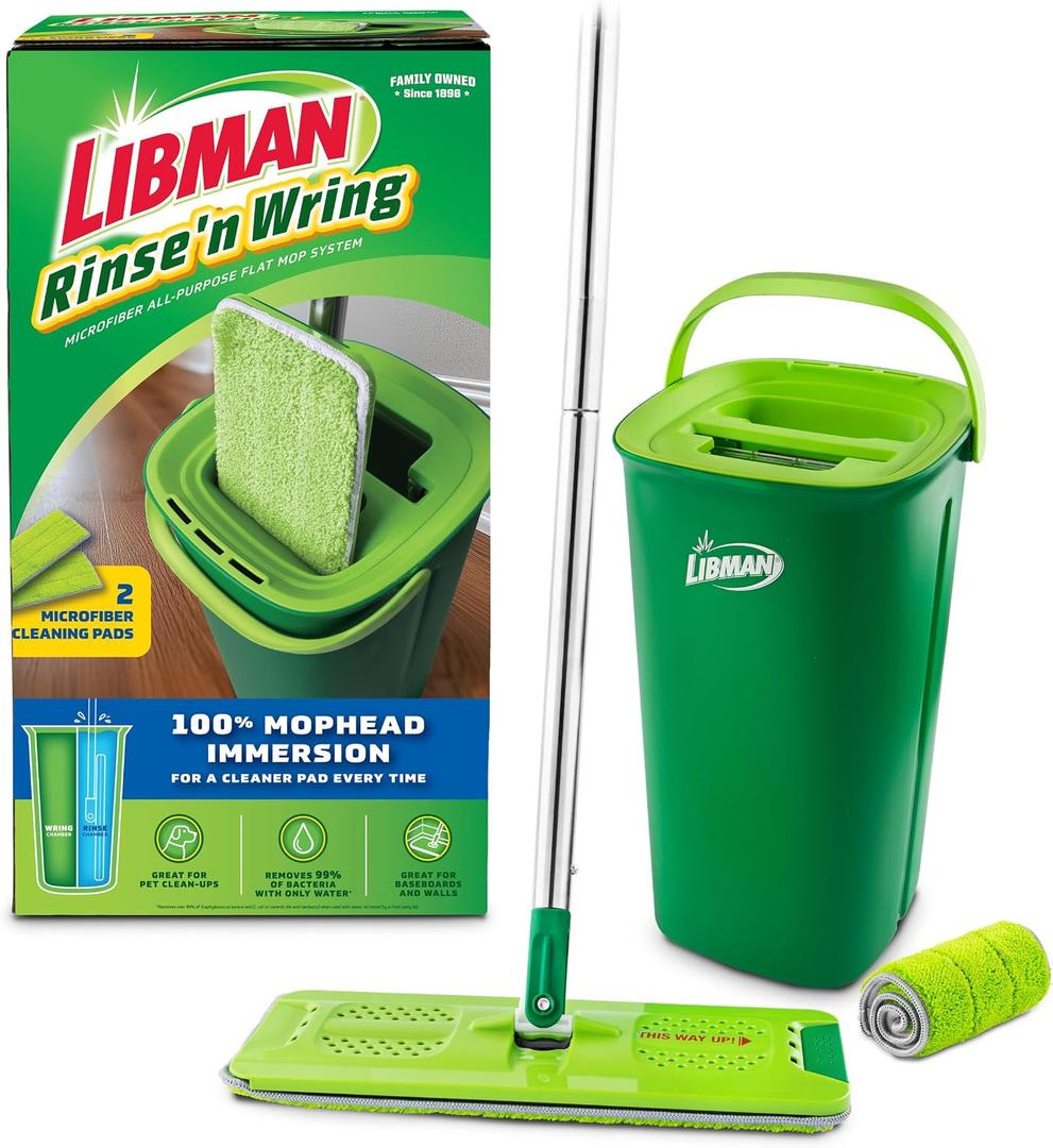 Libman Rinse 'n Wring Mop and Bucket System, 2 Microfiber Pads Included