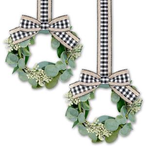 Syhood 2 Pieces 9" Mini Eucalyptus Wreath Artificial Spring Summer Greenery Wreath for Front Door Farmhouse Kitchen Cabinet with Ribbon for Porch Wall Window Decor(Plaid Bow Style)