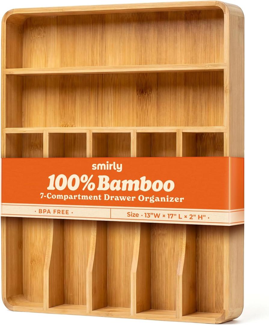 SMIRLY Silverware Drawer Organizer  Bamboo Kitchen Drawer Organizer, Adjustable Utensil Holder and Cutlery Tray, Drawer Dividers for Flatware and Kitchen Utensils (7 Slot, Natural)