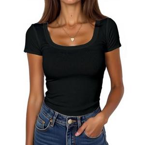 BIDITANLE Women's Ribbed Knit Short Sleeve T-Shirts Slim Fitted Scoop Neck Casual Summer Basic Top, XL