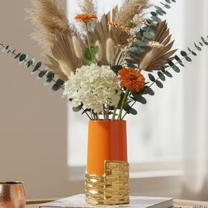Orange Gold Ceramic Art Deco Vase for Pampas Grass Decorative-Decorative Statue for Home Decor,Elegant Centerpiece Vase for Thanksgiving/Fall Flowers,Cute MCM for Living Room/Office