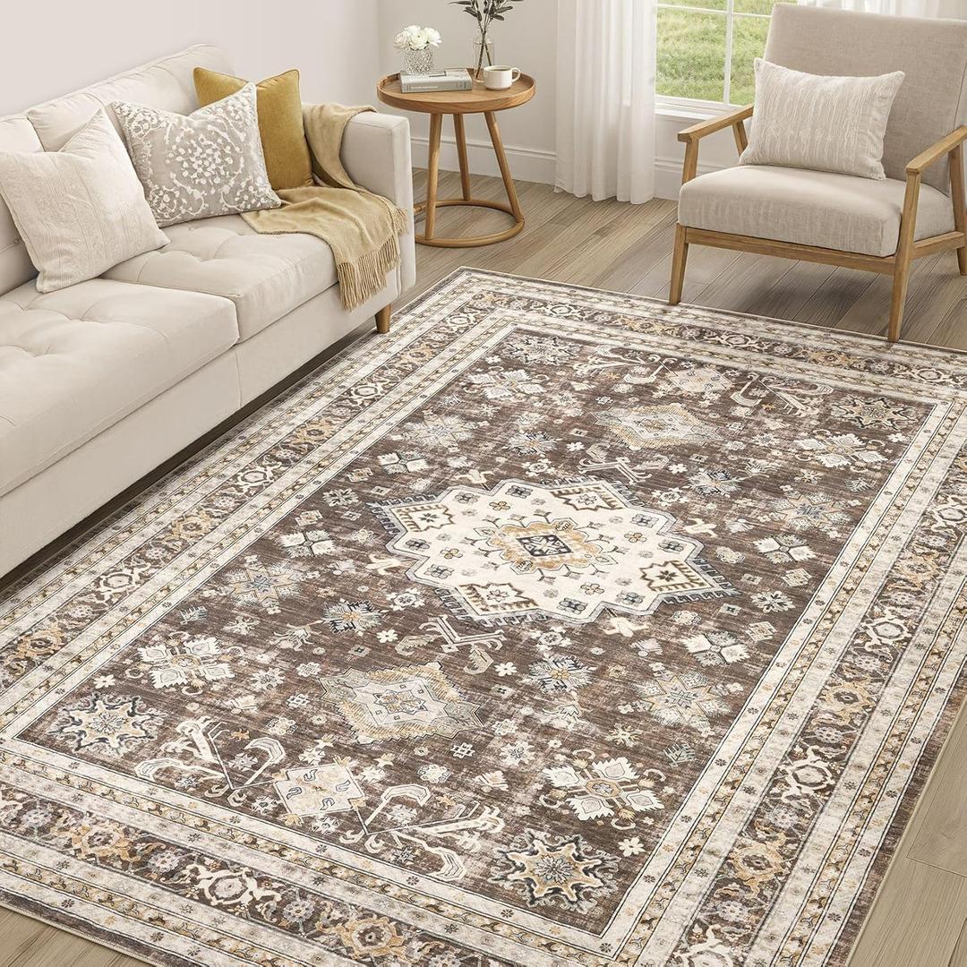Vintage Living Room Area Rug 5x7 - Large Soft Washable Oriental Traditional Distressed Farmhouse Rugs for Bedroom - Indoor Floor Accent Carpet for Home Office House Decor - Dark Brown