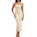 Women Ribbed Maxi Bodycon Tube Dress Summer Sexy Strapless Side Slit Long Formal Cocktail Party Wedding Guest Dress (US, Alpha, Small, Regular, Regular, Beige) (S)