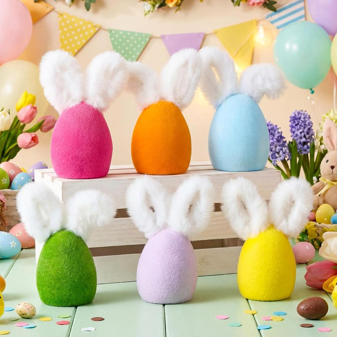 6 Pcs Colorful Flocked Easter Eggs Decorations with Bunny Ears 6.5" Flocking Egg Tabletop Ornaments for Easter Centerpieces, Large Size Decorations for Spring Home Office Party Supplies