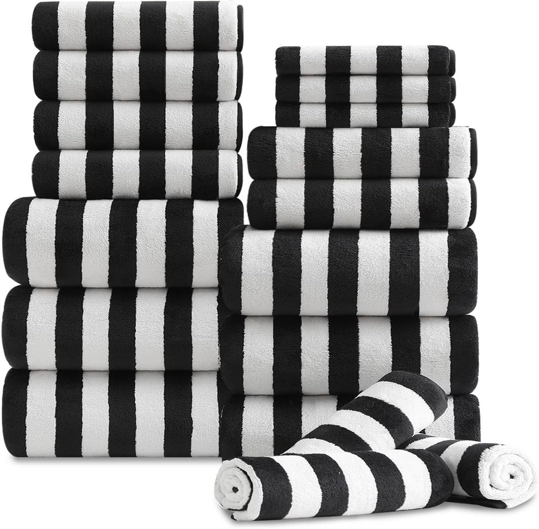 18 Pcs Black White Cabana Stripe Family Towels Set-6 Bath Sheets,6 Hand Towels,6 Washcloths Soft Jumbo Bathroom Towels Absorbent Shower Towel Quick Dry Beach Chair Towel Spa Gym Hotel Towel Set
