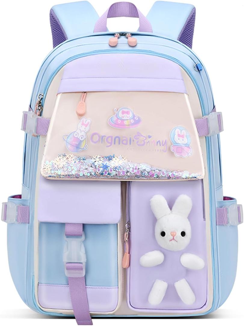 VIDOSCLA Bunny Girls Backpack for School Kawaii Kids Book bags Cute Sequin School Bag for Girls