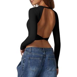 QINSEN Women's Crew Neck Open Back Long Sleeve Basic Crop Tops Stretch Backless Going Out Tee Shirt (Large, Black)