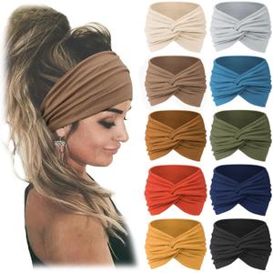 Jesries 10 PCS Women Headbands African Wide Hair Wrap Extra Turban Head Bands for Lady Large Sport Workout Stretch Non-slip Big Hair Bands (Caramel)