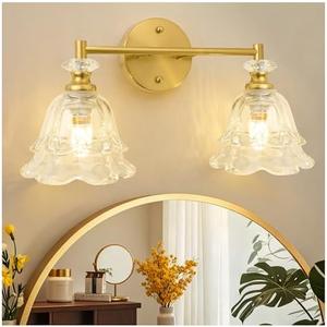 NELICOND Vintage Bathroom Light Fixtures Over Mirror, Gold Vanity Light for Bathroom, 2 Light Brass Vanity Light with Flower Glass LampShade for Bedroom Living Room Hallway (Clear, 2-Light)