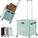 Folding Utility Cart Portable Rolling Crate Handcart Shopping Trolley Collapsible Tool Box, with Lid, Basket on 4 Rotate Wheels, for Grocery, Office, Teacher, Travel Shop Move Luggage (Green)