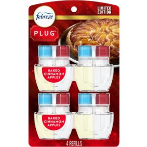 Febreze Plug-In Air Freshener, Odor-Fighting Scented Oil Refill for Home, Bathroom & Kitchen, Holiday Baked Cinnamon Apples Scent, 0.87 oz Refills, 4 Count (3.5 Fl Oz (Pack of 1))