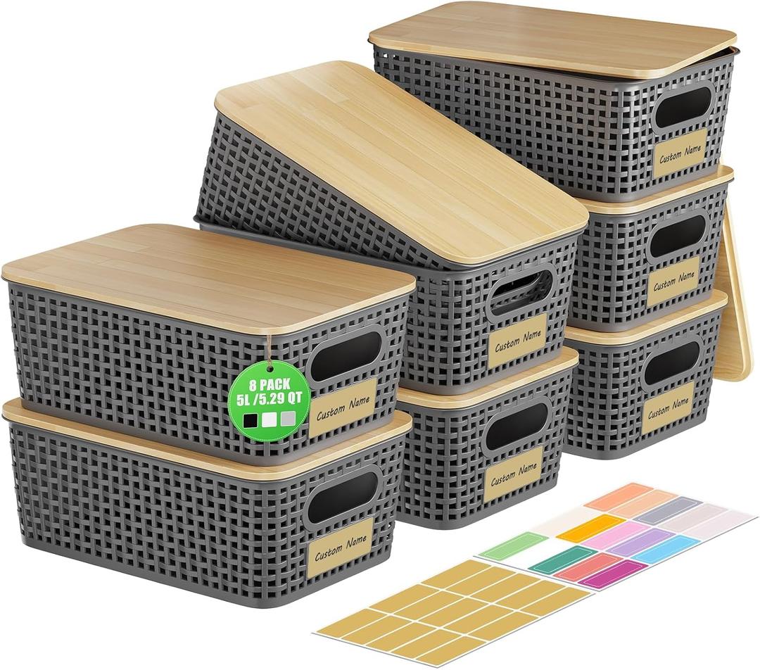 8 Pcs Plastic Storage Bins with Bamboo Lid, Stackable Storage Bins with Lids & Labels for Organizing, Storage Bins for shelves Office Drawer Cabinet & Pantry Nursery Organization,10.2x7.2x4 .1In