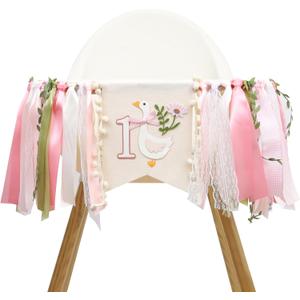 Floral Goose High Chair Banner - Girls First Birthday Decorations,Pink Goose 1st Birthday BannerVintage Goose Animal Party Highchair Garland Photo Props