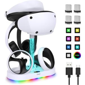 FASTSNAIL Charging Stand for PlayStation VR2, Multifunction Vertical PS VR2 Headset & Sense Controllers Charge Dock Station with 10 RGB Light Modes of Memory, for PS5 VR2 Accessories (RGB Base)