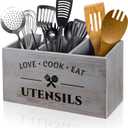 Utensil Holder with 3 Compartments, Rustic Wood Utensil Caddy Crocks for Kitchen Counter, Farmhouse Flatware Organizer Storage Box for Silverware Fork Spoon Spatula (Grey)
