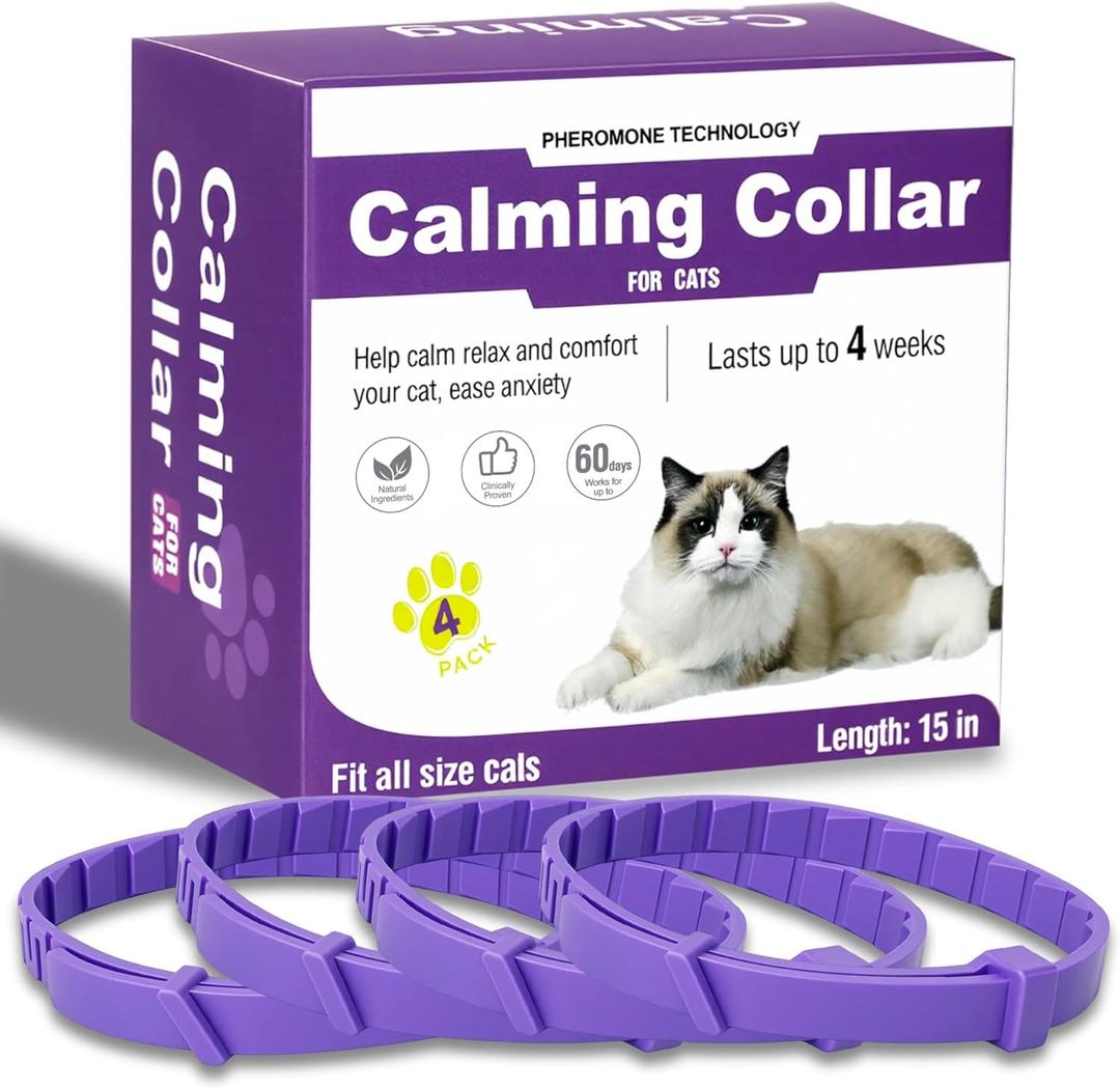 Cat Calming Collar, Pheromone Anti-Anxiety Treatment, Water Resistant, 4 Pack (Purple)