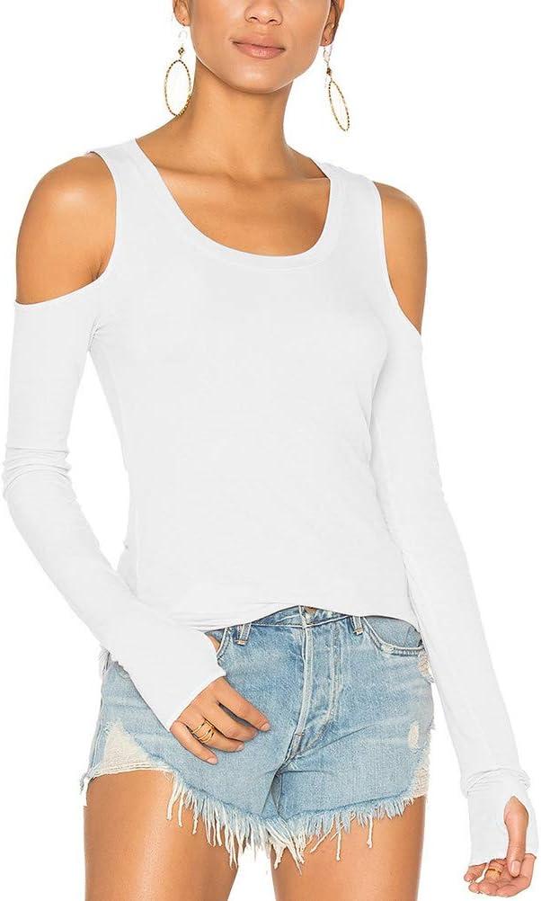 Mippo Cold Shoulder Tops for Women Long Sleeve Workout Tops | Loose Fit, Off the Shoulder Top, Thumb Holes, Lightweight, Yoga and Casual, Easy yo Care (White, M)