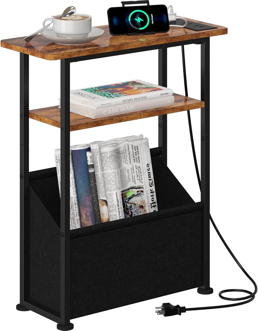 Yusong Narrow Side Table for Small Spaces, Skinny Charging End Table with Storage Basket, 3 Tier Slim Sofa Couch Bedside Table, Thin Nightstand for Bedroom, Living Room, Rustic Brown