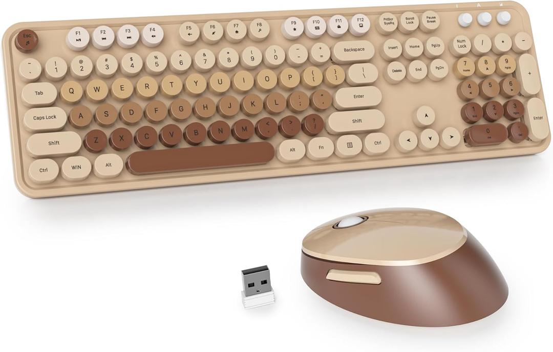 Owpkeenthy Brown Keyboard and Mouse Wireless, Cute Colorful Typewriter Keyboard Full-Sized with Number Pad Round Keycaps for Desktop, Laptop and Computer(Gradient Brown)