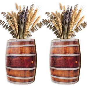 Set of 2 Wood Wall Vases, Vintage Barrel Hanging Planters for Indoor Plants - Farmhouse & Western Wall Decor, Rustic Wooden Home Decor for Living Room, Western Boho Room Decor
