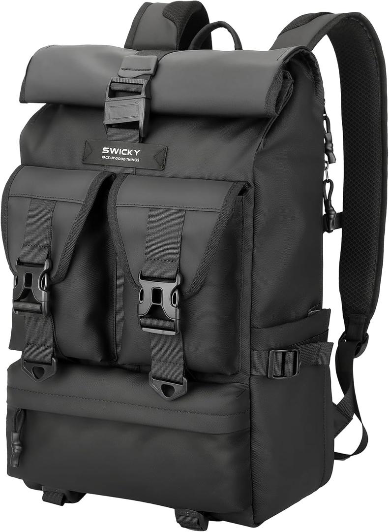 SWICKY 30L Travel Rolltop Backpack, Expandable with Laptop Compartment, Water Resistant, Airline Carry-On Approved, Unisex Backpack for Travel & Commute (18x14x8 Inches)