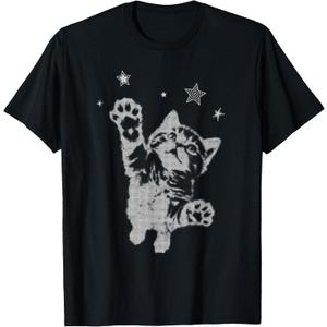 Y2K Cat Jumping Stars Silly 90s 2000s Grunge Vintage Graphic T-Shirt (Black, S)