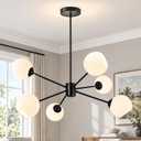 KoKo&Yukina 6-Light Sputnik Chandelier Black Sputnik Chandeliers Modern Mid Century Globe Pendant Light Matte Black Finished with Milky White Globe Glass Lampshade for Bedroom Kitchen Living Room, 38 inches