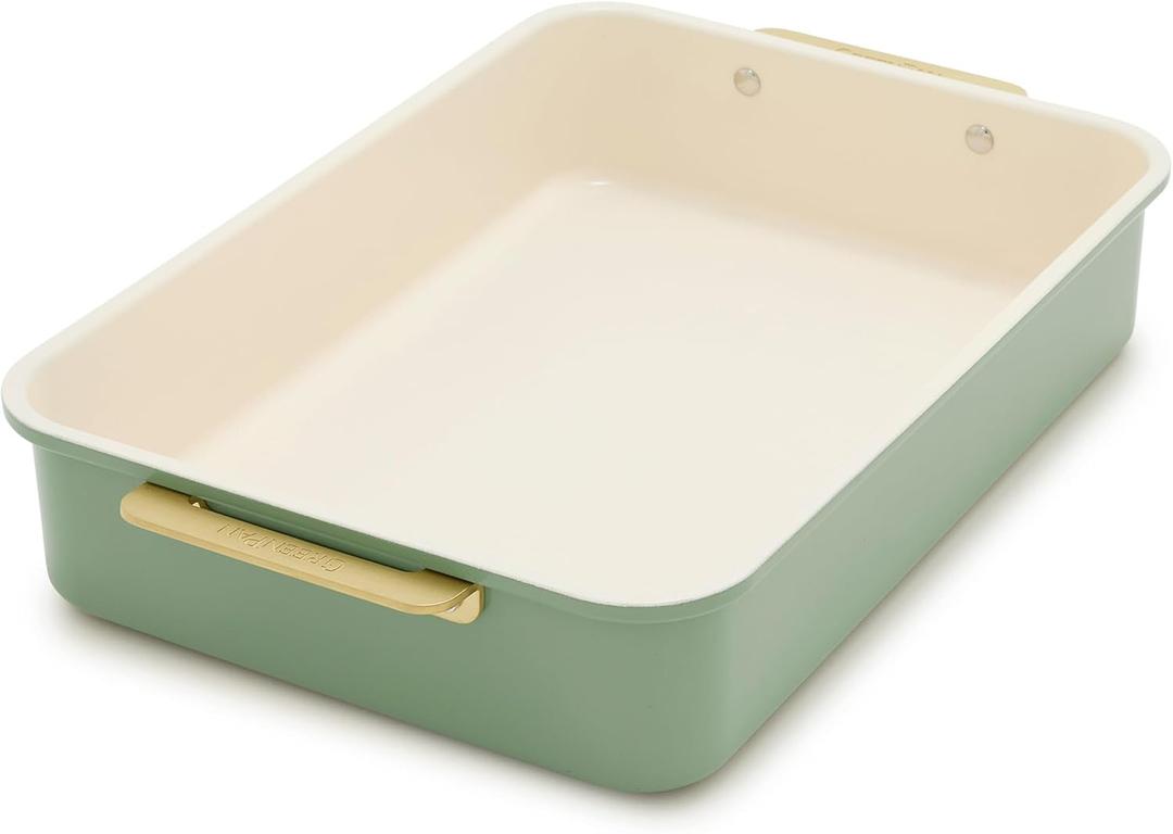 GreenPan Bakeware 13 x 9 Rectangular Cake Pan, Ceramic Nonstick Baking Pan, PFAS & BPA Free, Gold Handles, Durable Steel, Freezer to Oven Dish, Scratch Resistant, Bake & Roast Ovenware, Sage Green