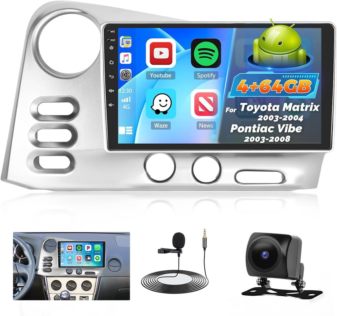 Car Radio for Toyota Matrix 2003 2004/Pontiac Vibe 2003-2008: [4G+64G] 9 inch Car Stereo with Wireless Carplay Android Auto, Touch Screen Upgrade for Matrix with Bluetooth5.0 32EQ 1280 * 720P GPS WiFi