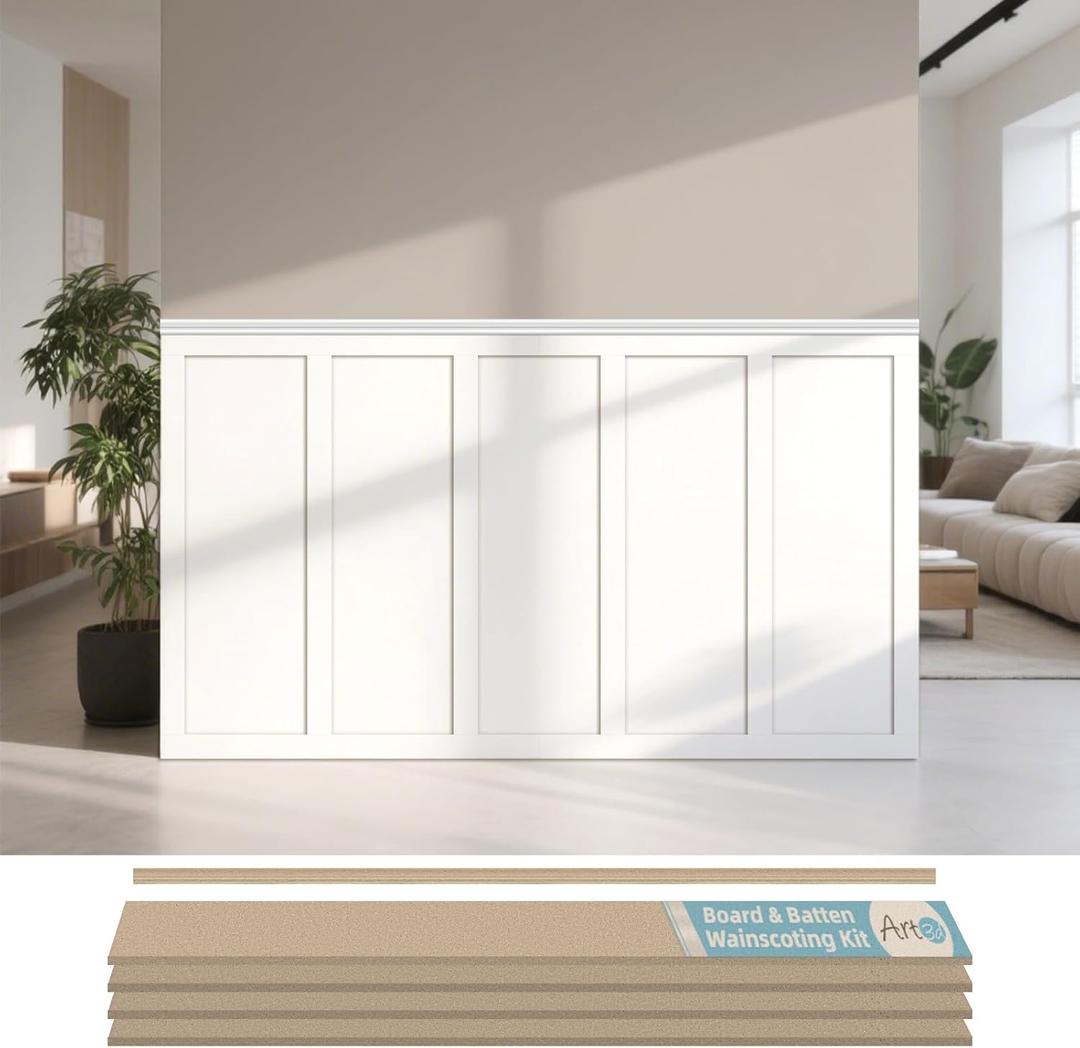 Art3d Premade Board and Batten Paintable Wainscoting Kit, MDF Accent Wall Panel for Kitchen Bedroom Living Room Home Decor Covers 94.5 x 54 in. Molding Trim Slat with Edge Strip (Log Color)