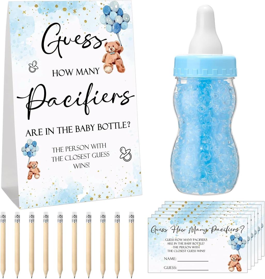 Roowest 512 Pcs Baby Shower Games Guess How Many Pacifiers Sign 100 Small Guessing Games 10 HB Pencils 750ml Milk Bottle 400 Acrylic Pacifiers Decoration for Guest Gender Reveal(Blue,Bear)