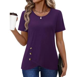 Casual Tunic Tops for Women Short Sleeve T Shirt Asymmetrical Summer Dressy | Stretchable Basic Tops Round Neck Asymmetric Hem Decorative Button Detail Soft Fabric Relaxed Fit Business Casual Tee (Purple, M)