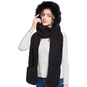 Winter Faux Fur Fuzzy Trim Sherpa Hooded Scarf Cute 3-in-1 Scarf Hat Gloves Set for Women