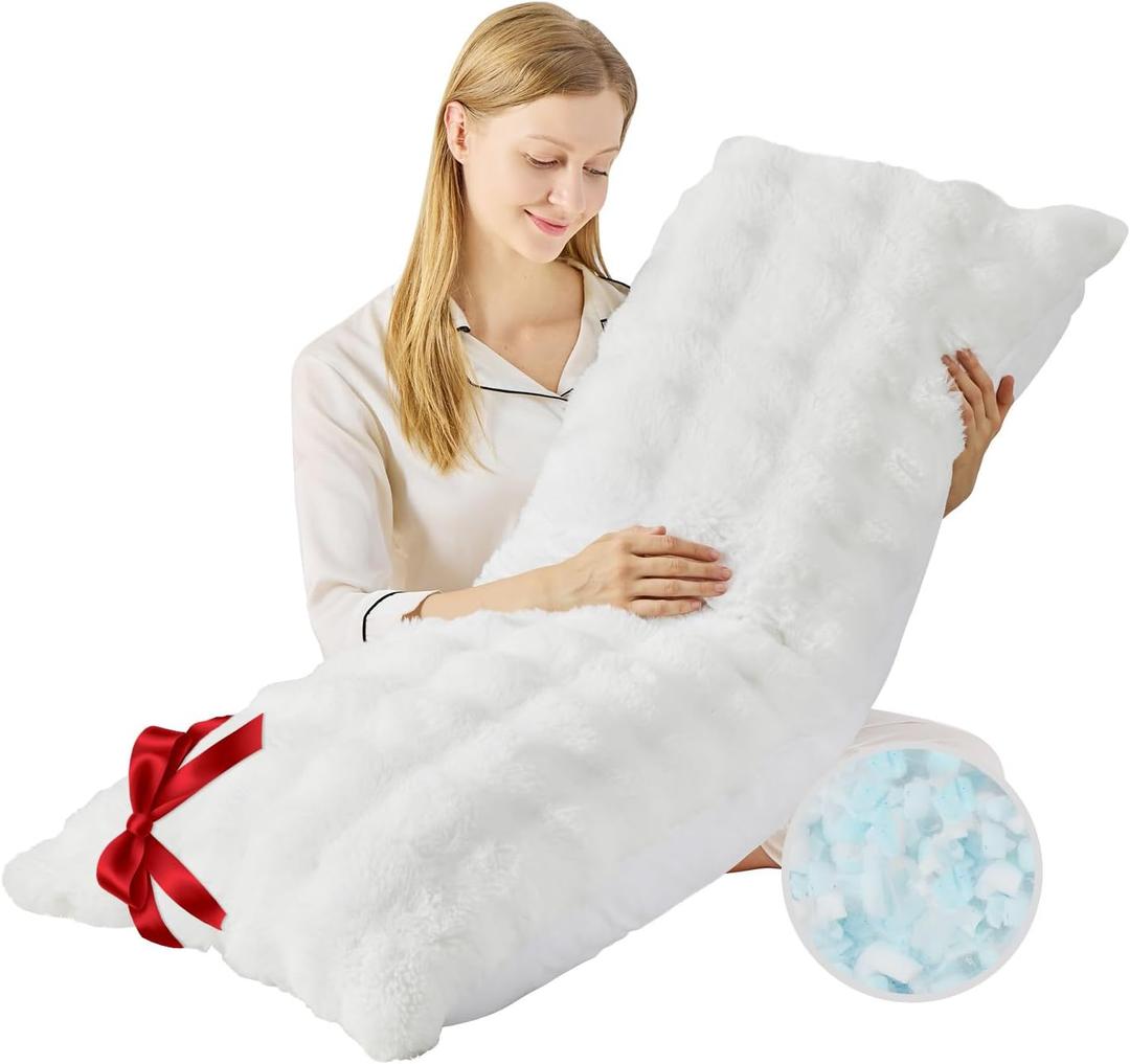 YZ HOME Faux Fur Fluffy Body Pillow for Adults - Firm Body Pillow Insert with Shredded Blue Memory Foam, Adjustable Height, Soft Support for Side Sleeping, Pregnant Women, Washable, 20x54 Inch (White)