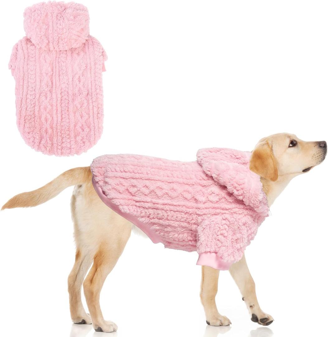 KOOLTAIL Fuzzy Dog Sweater Hoodie for Small Medium Large Dogs, Soft Fleece Pet Clothes Sweatshirt with Leash Hole, Warm Winter Dog Sherpa Jacket Snuggie Cold Weather Coat for Puppy Cats Girl, Pink L