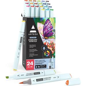 ARTEZA Dual Tip Brush Pens, 24 Bright and Neon Tones, EverBlend Watercolor Calligraphy Markers with Nylon Brush