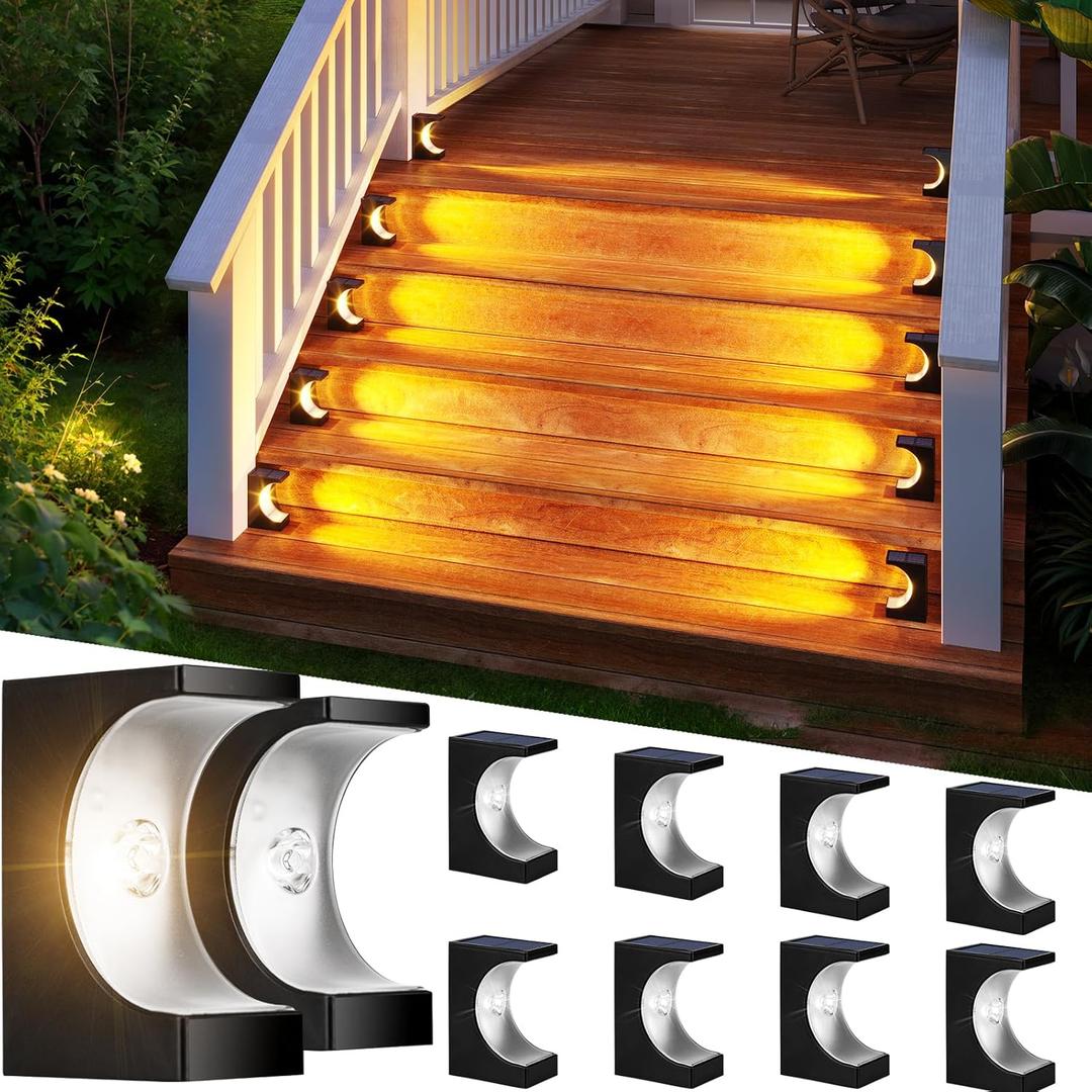 ROSHWEY Outdoor 10 Pack Solar LED Step Lights - IP65 Waterproof, Warm Light for Deck, Patio, Porch, Front Door, Sidewalk