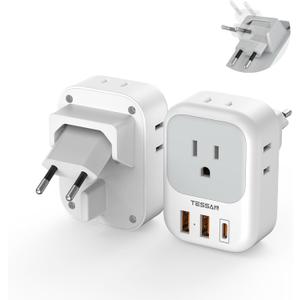 TESSAN European Travel Plug Adapter 2 Packs, Type C Europe Adaptor Foldable Plug 4 Outlets 3 USB(1 USB C PD 20W), US to Spain France Italy Germany Denmark Iceland European Travel Must Haves