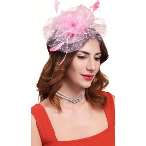 Cizoe Fascinator Hats for Women Tea Party Headband Kentucky Derby Wedding Flower Mesh Veil Fascinator (Pink)