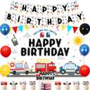 Emergency Vehicle Party Decorations Rescue Vehicles Backdrop Transportation Banner First Responders Ambulance Firetruck Police Cake Cupcake Toppers Latex Balloons for Boy Sound the Alarm Bday Supplies