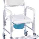  Bedside Commode Chair with Wheels, 350 lbs Capacity, 4-in-1 Portable Toilet and Raised Toilet Seat with Padded Seat/Backrest/Flip-up Footrest, Detachable 5L Bucket, Shower Wheelchair for Seniors