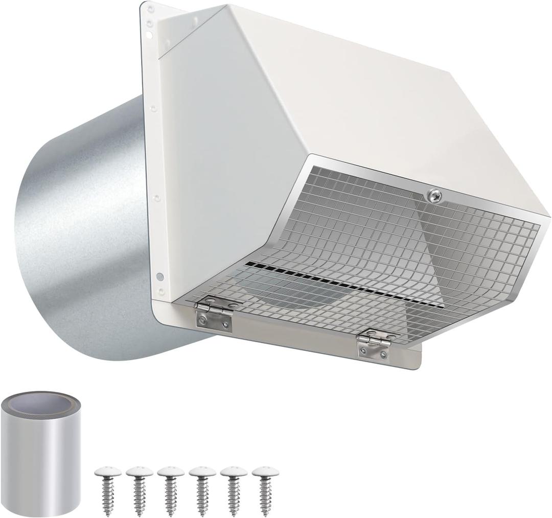 6 Inch Hooded Wall Vent with Screen and Damper,6" Vent Hood Wall Exhaust Vent Cover,Dryer Vent Cover Outside,6"Vent Cover Exterior Wall Vent Cap for Range Hood Kitchen Air Ventilation,Galvanized Steel (White)