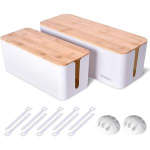 2 Pack Large Cable Management Box  Wooden Style Cord Organizer and Cover for TV Wires, Computer, Router, USB Hub and Under Desk Power Strip  Safe ABS Material and Baby-Pets Proof Lock (White)